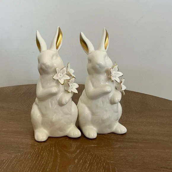 Ceramic Bunny Figurine Pair with Gold Ears & Flowers | Spring Decor - Picture 2 of 4
